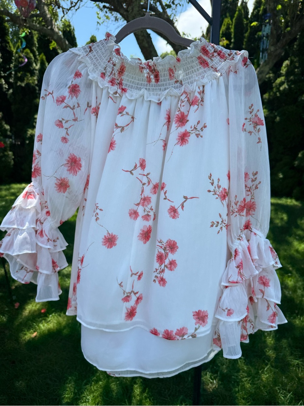 CeCe White Blouse with Coral Floral Print and Ruffle Smocked Neckline - Picture 2 of 8